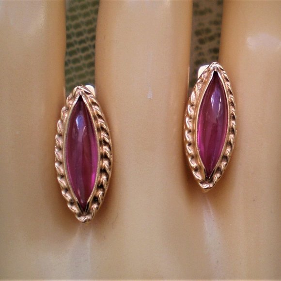 Vintage Russian Russia USSR 14K 585 Rose Gold Pink Tourmaline Marquise EARRINGS - Picture 2 of 8